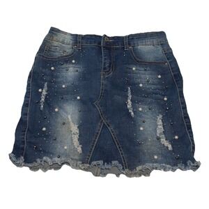 The Style Between Us‎ Jean Skirt Woman Distressed Raw Edge Med Rhinestone Pearl